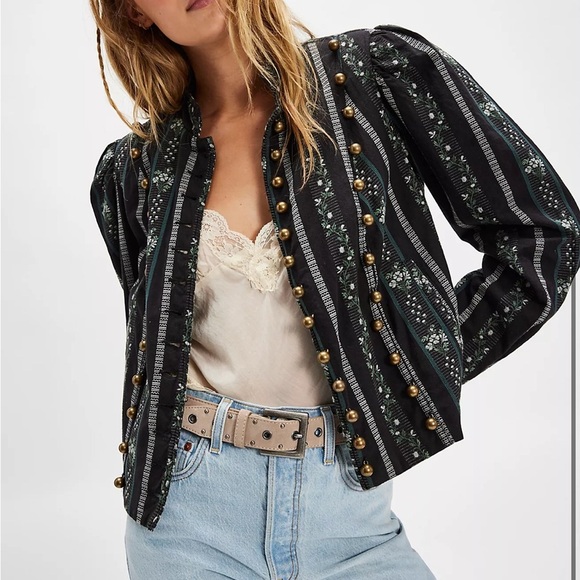 Free People Jackets & Blazers - Free People Sorel Cottage Jacket Black Green Victorian Floral Stripe Sz XS NEW